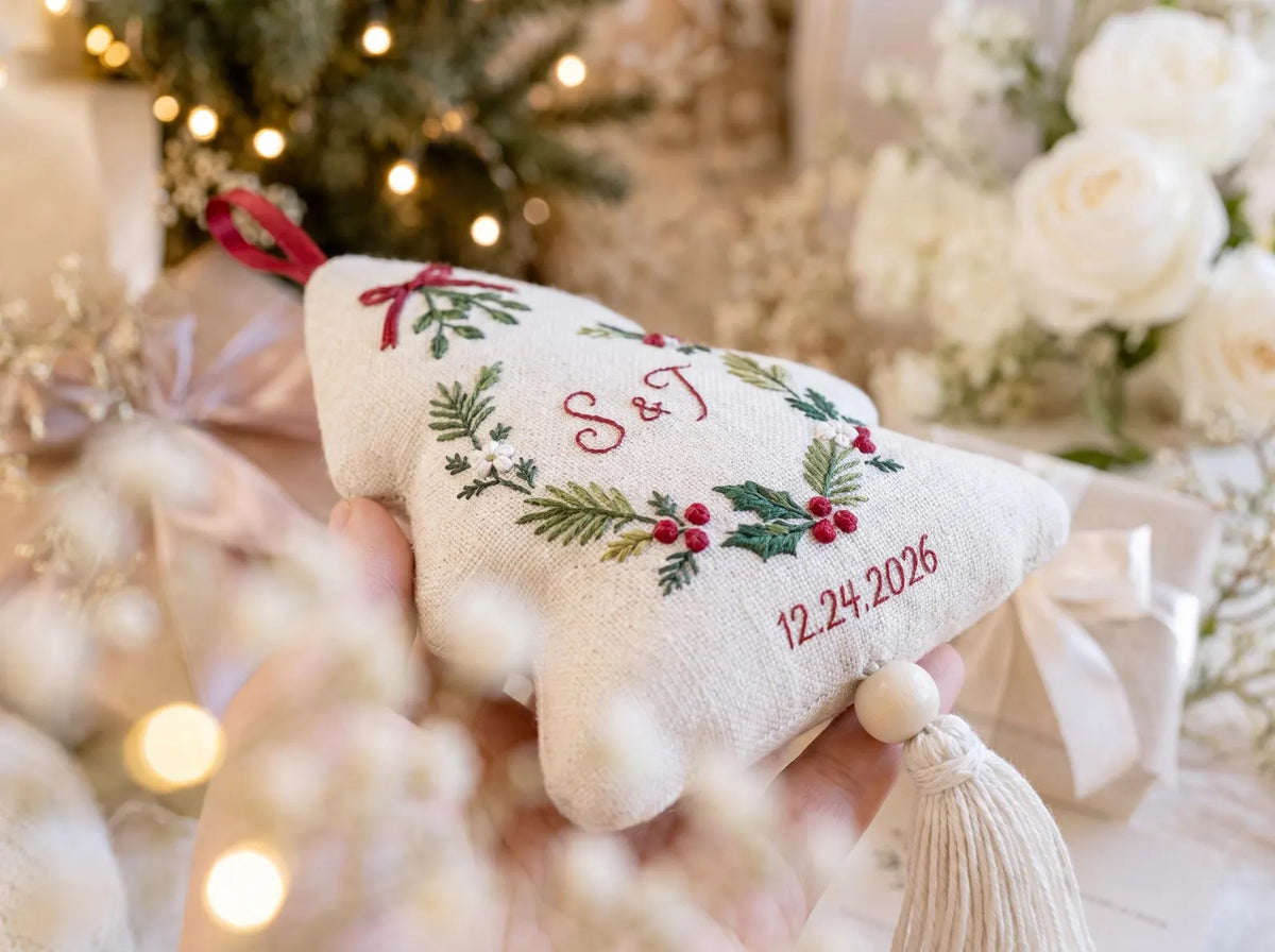 Personalized Christmas Tree Shaped Wedding Ornament, Hand Embroidered Linen Wreath, Custom Initials & Date, First Christmas Couple Keepsake