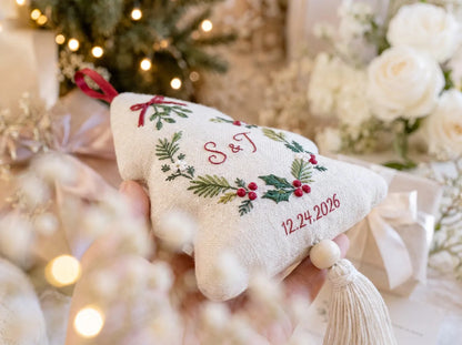 Personalized Christmas Tree Shaped Wedding Ornament, Hand Embroidered Linen Wreath, Custom Initials & Date, First Christmas Couple Keepsake