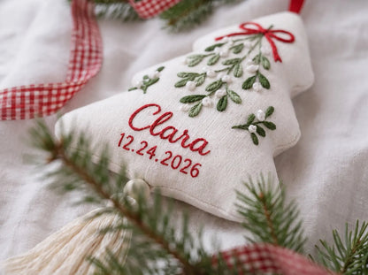 Personalized Christmas Tree Shaped Ornament, Hand Embroidered Linen Mistletoe, Custom Name & Date, Handmade Christmas Keepsake Holiday Gift