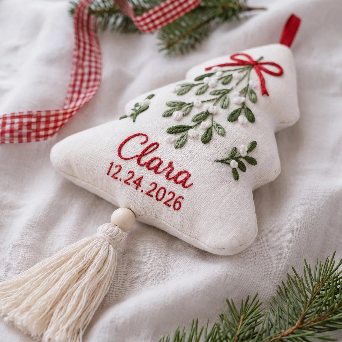 Personalized Christmas Tree Shaped Ornament, Hand Embroidered Linen Mistletoe, Custom Name & Date, Handmade Christmas Keepsake Holiday Gift