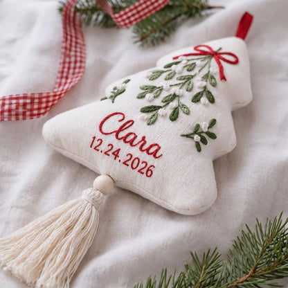 Personalized Christmas Tree Shaped Ornament, Hand Embroidered Linen Mistletoe, Custom Name & Date, Handmade Christmas Keepsake Holiday Gift