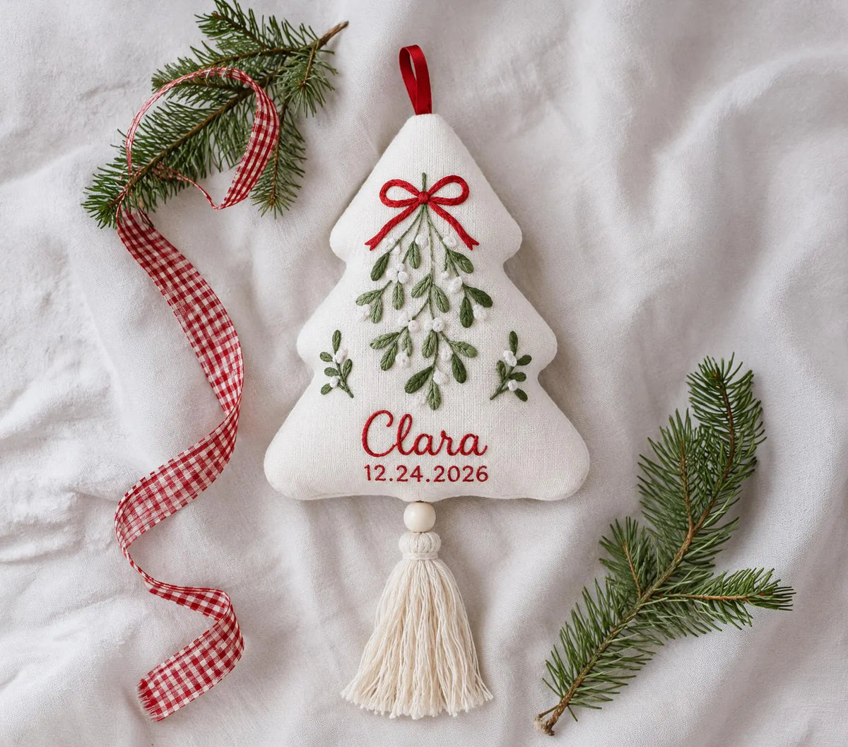 Personalized Christmas Tree Shaped Ornament, Hand Embroidered Linen Mistletoe, Custom Name & Date, Handmade Christmas Keepsake Holiday Gift