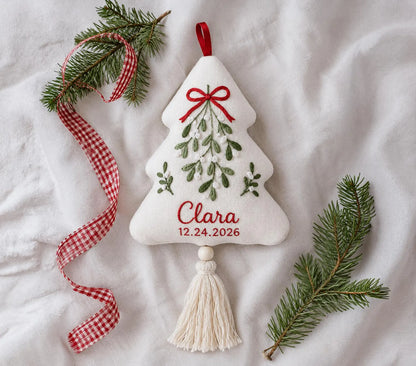 Personalized Christmas Tree Shaped Ornament, Hand Embroidered Linen Mistletoe, Custom Name & Date, Handmade Christmas Keepsake Holiday Gift