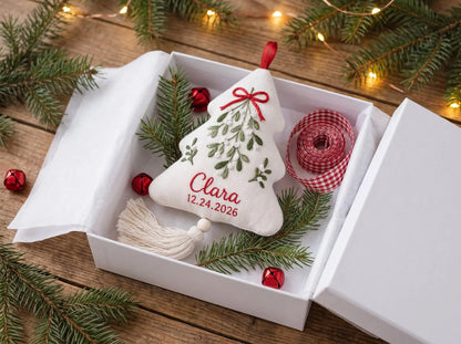 Personalized Christmas Tree Shaped Ornament, Hand Embroidered Linen Mistletoe, Custom Name & Date, Handmade Christmas Keepsake Holiday Gift