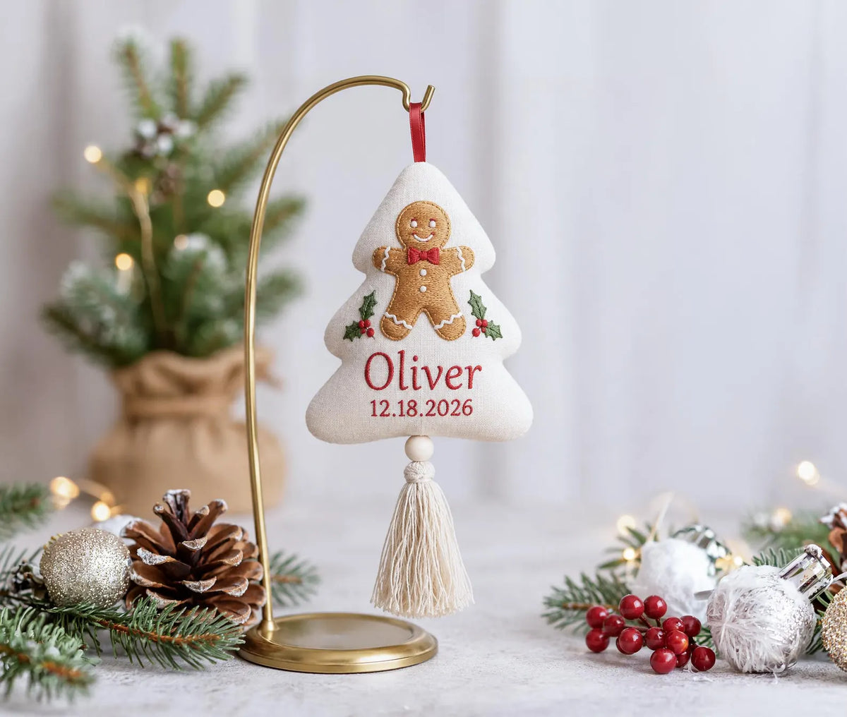 Personalized Christmas Tree Shaped Ornament, Hand Embroidered Linen Gingerbread Man, Custom Name & Date, Kids Christmas Keepsake Family Gift