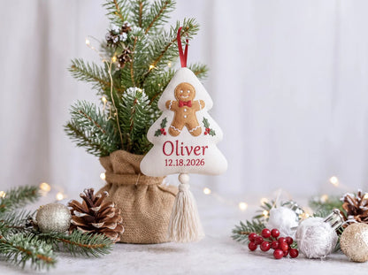 Personalized Christmas Tree Shaped Ornament, Hand Embroidered Linen Gingerbread Man, Custom Name & Date, Kids Christmas Keepsake Family Gift
