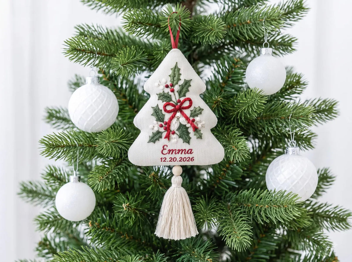 Personalized Christmas Tree Shaped Ornament, Hand Embroidered Holly Linen, Custom Name & Date, Handmade Christmas Keepsake Holiday Gift