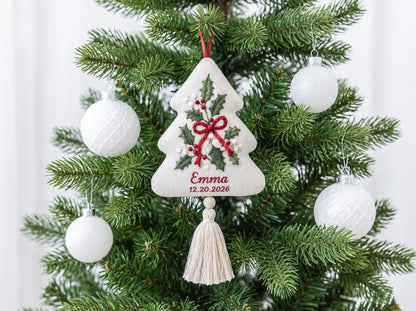 Personalized Christmas Tree Shaped Ornament, Hand Embroidered Holly Linen, Custom Name & Date, Handmade Christmas Keepsake Holiday Gift