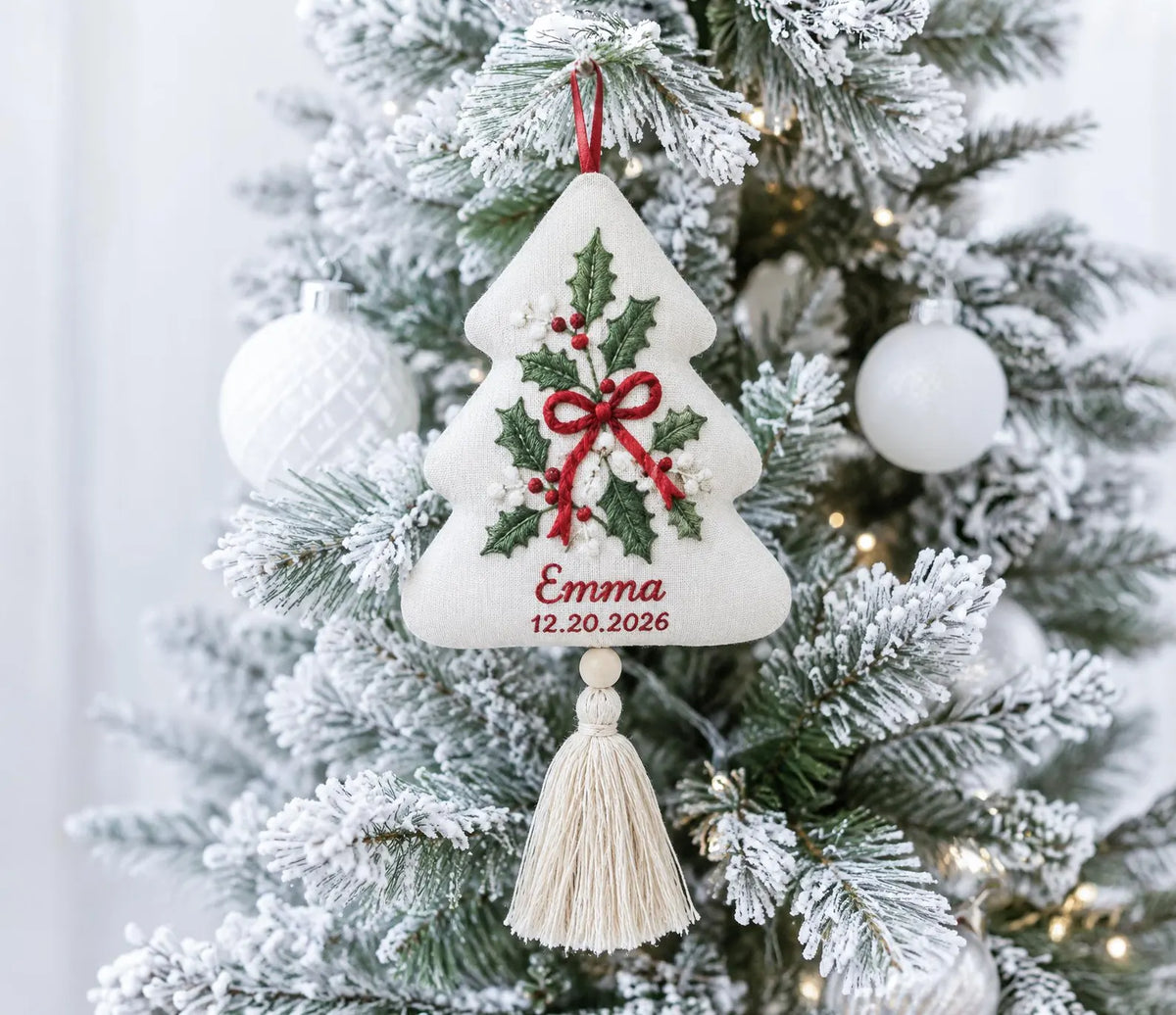 Personalized Christmas Tree Shaped Ornament, Hand Embroidered Holly Linen, Custom Name & Date, Handmade Christmas Keepsake Holiday Gift