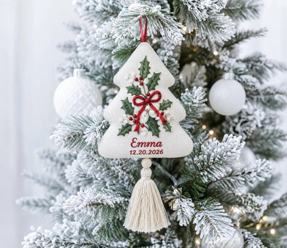 Personalized Christmas Tree Shaped Ornament, Hand Embroidered Holly Linen, Custom Name & Date, Handmade Christmas Keepsake Holiday Gift