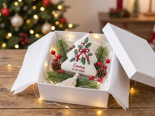 Personalized Christmas Tree Shaped Ornament, Hand Embroidered Holly Linen, Custom Name & Date, Handmade Christmas Keepsake Holiday Gift
