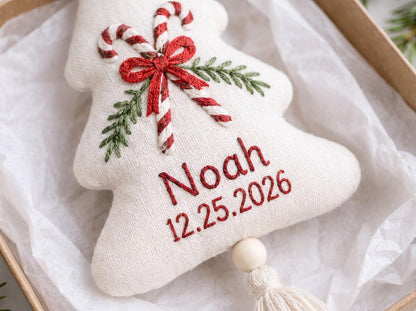 Personalized Christmas Tree Shaped Ornament, Hand Embroidered Linen Candy Cane, Custom Name & Date, Handmade Holiday Keepsake Christmas Gift