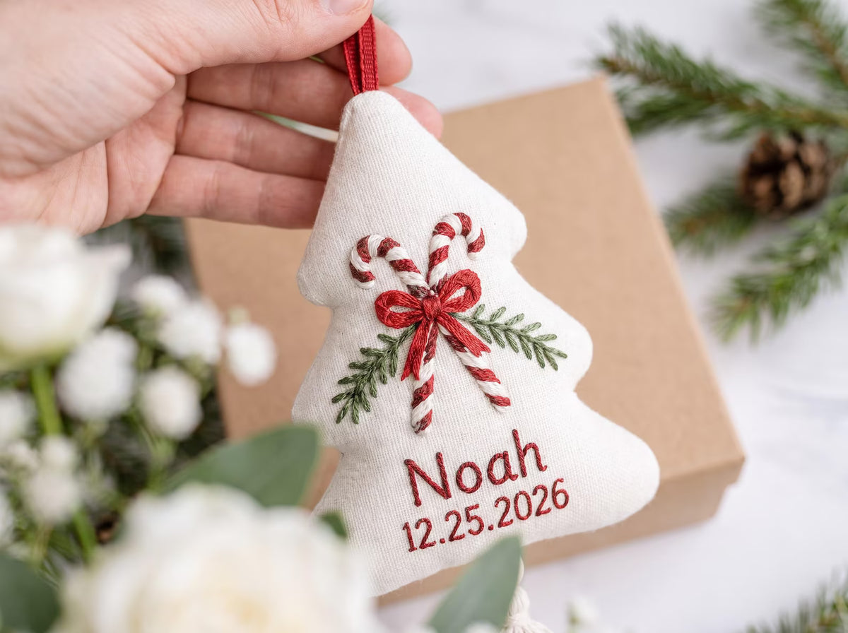 Personalized Christmas Tree Shaped Ornament, Hand Embroidered Linen Candy Cane, Custom Name & Date, Handmade Holiday Keepsake Christmas Gift
