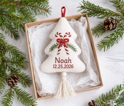 Personalized Christmas Tree Shaped Ornament, Hand Embroidered Linen Candy Cane, Custom Name & Date, Handmade Holiday Keepsake Christmas Gift