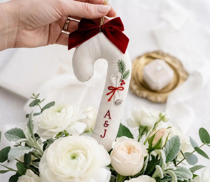 Personalized Candy Cane Ornament, Embroidered Christmas Wedding Ornament, Wedding Vows Scroll, Custom Couple Initials, Red Bow Keepsake Gift