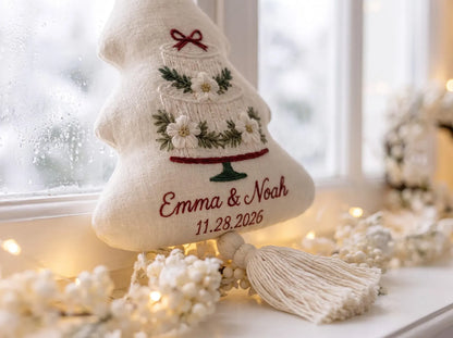 Personalized Christmas Tree Ornament, Embroidered Wedding Cake Linen Ornament, Custom Couple Names & Date, Rustic Handmade Keepsake Ornament