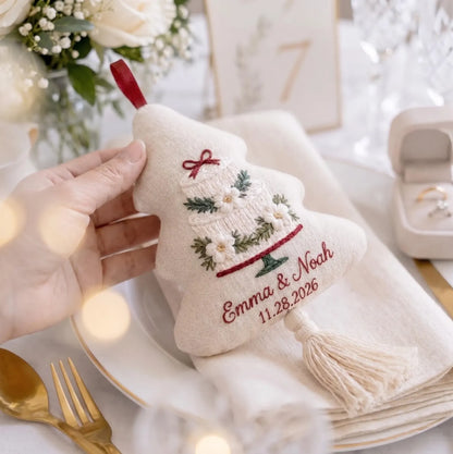 Personalized Christmas Tree Ornament, Embroidered Wedding Cake Linen Ornament, Custom Couple Names & Date, Rustic Handmade Keepsake Ornament