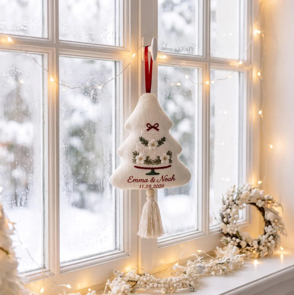 Personalized Christmas Tree Ornament, Embroidered Wedding Cake Linen Ornament, Custom Couple Names & Date, Rustic Handmade Keepsake Ornament