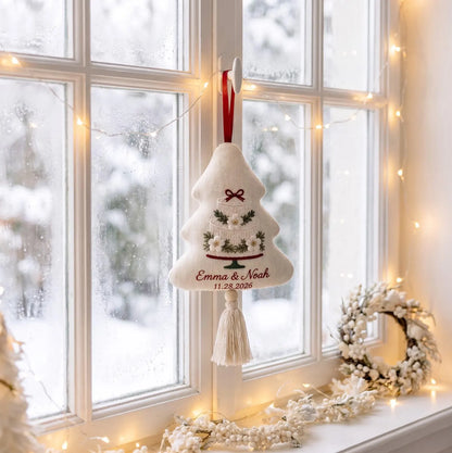Personalized Christmas Tree Ornament, Embroidered Wedding Cake Linen Ornament, Custom Couple Names & Date, Rustic Handmade Keepsake Ornament