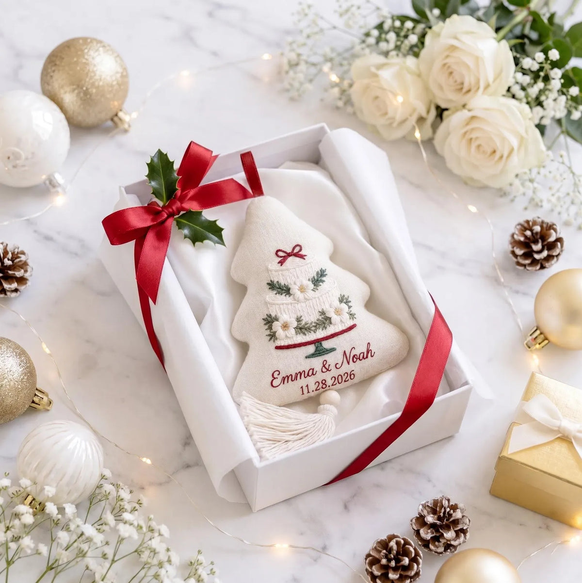 Personalized Christmas Tree Ornament, Embroidered Wedding Cake Linen Ornament, Custom Couple Names & Date, Rustic Handmade Keepsake Ornament