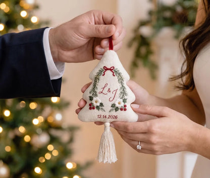 Personalized Christmas Tree Ornament, Embroidered Winter Floral Wedding Ornament, Custom Couple Initials & Date, Holiday Keepsake Gift Decor