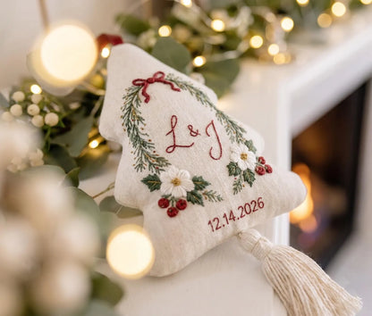 Personalized Christmas Tree Ornament, Embroidered Winter Floral Wedding Ornament, Custom Couple Initials & Date, Holiday Keepsake Gift Decor