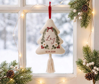 Personalized Christmas Tree Ornament, Embroidered Winter Floral Wedding Ornament, Custom Couple Initials & Date, Holiday Keepsake Gift Decor
