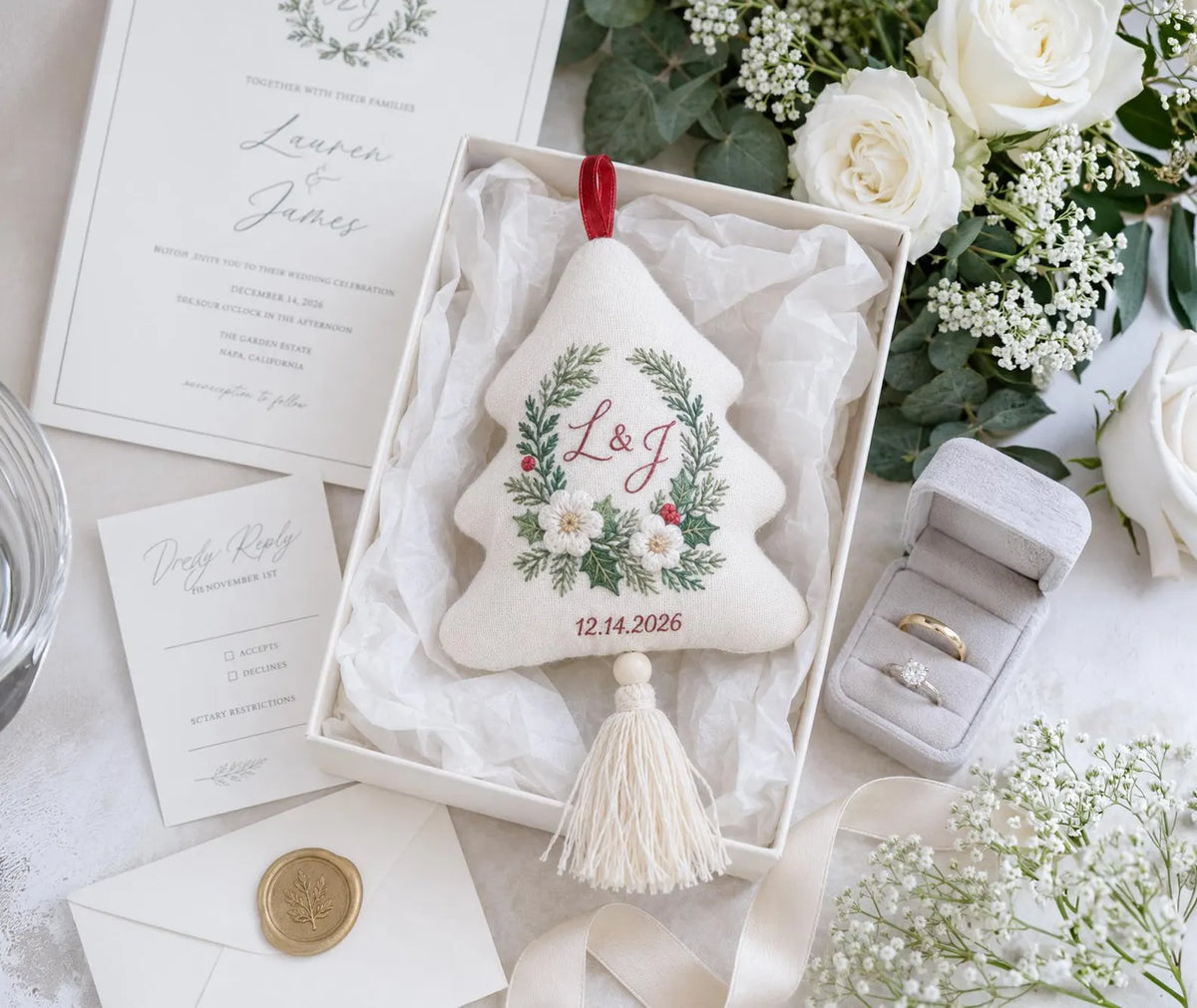 Personalized Christmas Tree Ornament, Embroidered Winter Floral Wedding Ornament, Custom Couple Initials & Date, Holiday Keepsake Gift Decor