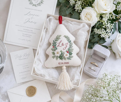 Personalized Christmas Tree Ornament, Embroidered Winter Floral Wedding Ornament, Custom Couple Initials & Date, Holiday Keepsake Gift Decor