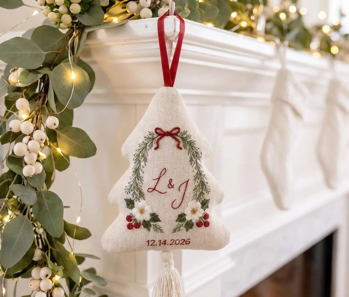 Personalized Christmas Tree Ornament, Embroidered Winter Floral Wedding Ornament, Custom Couple Initials & Date, Holiday Keepsake Gift Decor