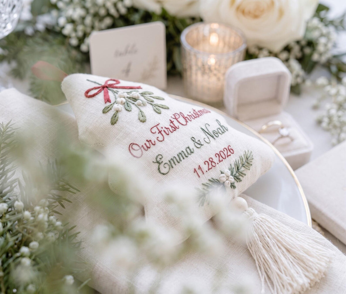 Personalized Our First Christmas Ornament, Embroidered Christmas Tree Ornament, Custom Couple Names & Date, Mistletoe Newlywed Keepsake Gift