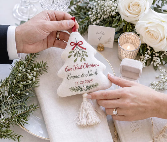 Personalized Our First Christmas Ornament, Embroidered Christmas Tree Ornament, Custom Couple Names & Date, Mistletoe Newlywed Keepsake Gift