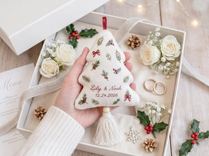 Personalized Christmas Tree Shaped Wedding Ornament, Hand Embroidered Botanical Linen, Custom Couple Names & Date, First Christmas Keepsake