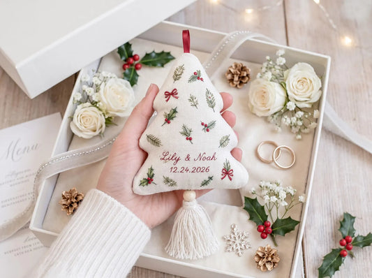 Personalized Christmas Tree Shaped Wedding Ornament, Hand Embroidered Botanical Linen, Custom Couple Names & Date, First Christmas Keepsake
