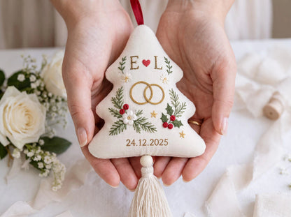 Personalized Christmas Tree Shaped Wedding Ornament, Hand Embroidered Linen Rings, Custom Initials & Date, First Christmas Married Keepsake