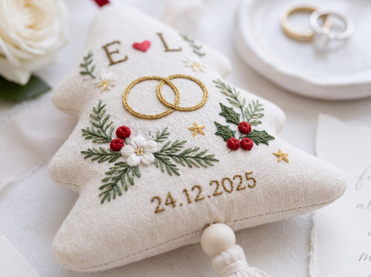 Personalized Christmas Tree Shaped Wedding Ornament, Hand Embroidered Linen Rings, Custom Initials & Date, First Christmas Married Keepsake