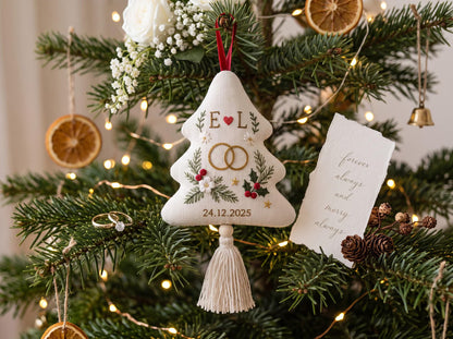 Personalized Christmas Tree Shaped Wedding Ornament, Hand Embroidered Linen Rings, Custom Initials & Date, First Christmas Married Keepsake