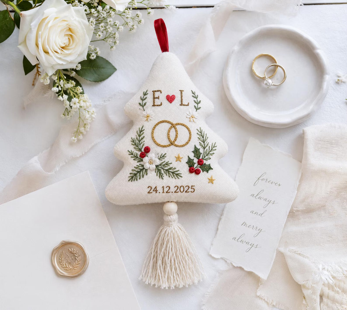 Personalized Christmas Tree Shaped Wedding Ornament, Hand Embroidered Linen Rings, Custom Initials & Date, First Christmas Married Keepsake