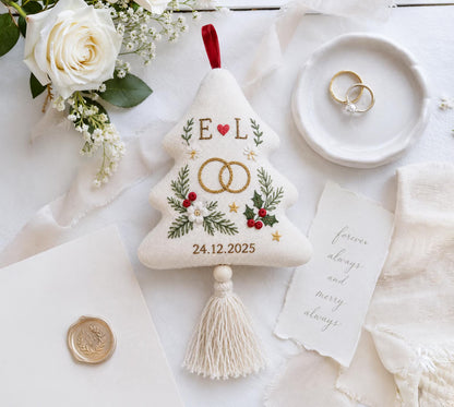 Personalized Christmas Tree Shaped Wedding Ornament, Hand Embroidered Linen Rings, Custom Initials & Date, First Christmas Married Keepsake