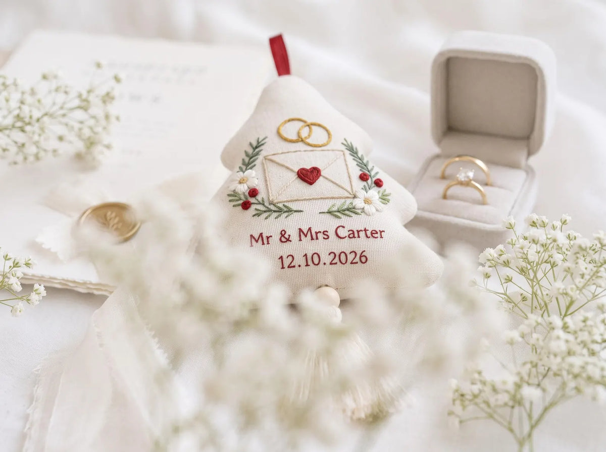 Personalized Wedding Christmas Tree Ornament, Hand Embroidered Linen Envelope & Rings, Custom Mr Mrs Name Date Newlywed Keepsake Gift