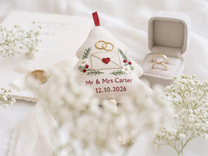 Personalized Wedding Christmas Tree Ornament, Hand Embroidered Linen Envelope & Rings, Custom Mr Mrs Name Date Newlywed Keepsake Gift