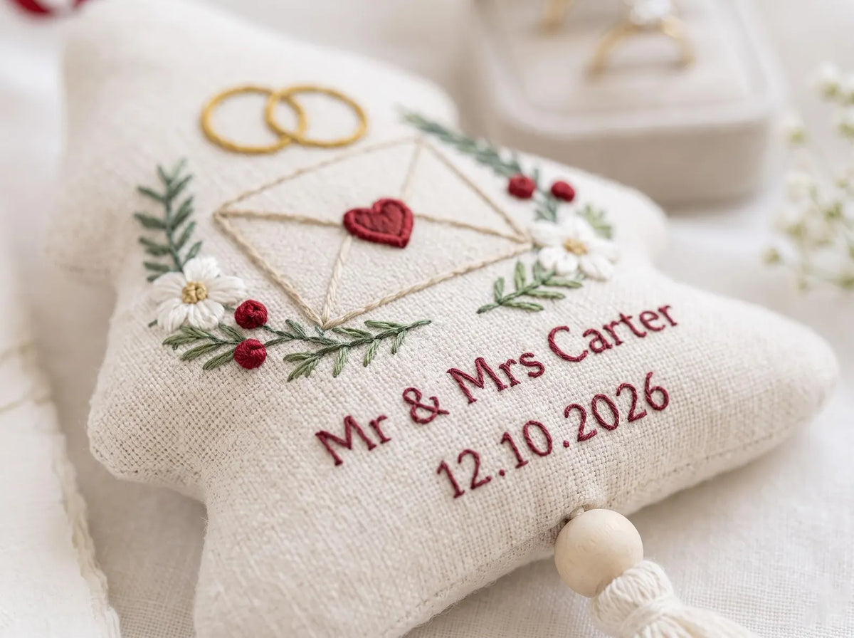 Personalized Wedding Christmas Tree Ornament, Hand Embroidered Linen Envelope & Rings, Custom Mr Mrs Name Date Newlywed Keepsake Gift
