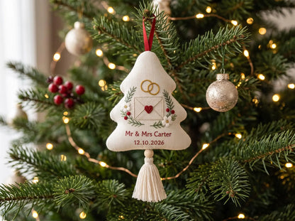 Personalized Wedding Christmas Tree Ornament, Hand Embroidered Linen Envelope & Rings, Custom Mr Mrs Name Date Newlywed Keepsake Gift
