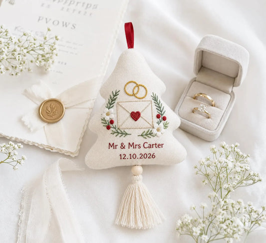 Personalized Wedding Christmas Tree Ornament, Hand Embroidered Linen Envelope & Rings, Custom Mr Mrs Name Date Newlywed Keepsake Gift