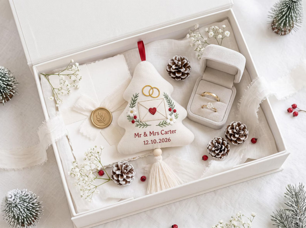 Personalized Wedding Christmas Tree Ornament, Hand Embroidered Linen Envelope & Rings, Custom Mr Mrs Name Date Newlywed Keepsake Gift