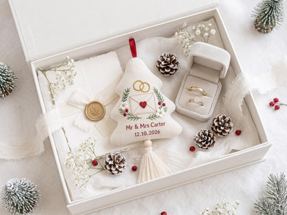Personalized Wedding Christmas Tree Ornament, Hand Embroidered Linen Envelope & Rings, Custom Mr Mrs Name Date Newlywed Keepsake Gift