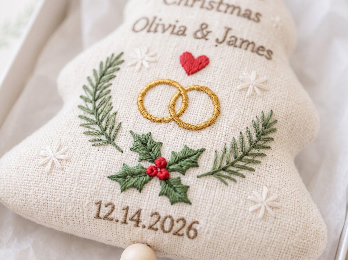 Personalized Christmas Tree Wedding Ornament, Hand Embroidered Linen Rings & Holly, Custom Couple Names Date, Newlywed Keepsake Xmas Gift