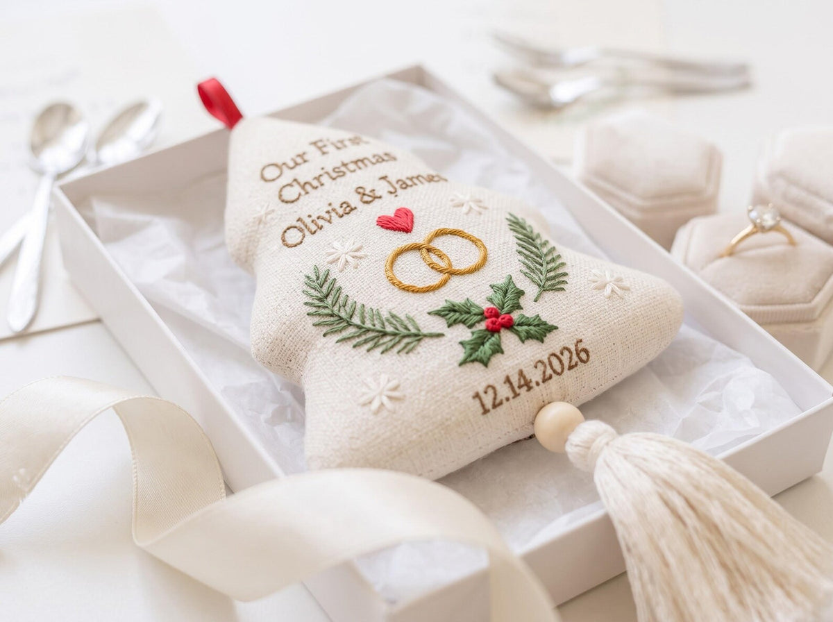 Personalized Christmas Tree Wedding Ornament, Hand Embroidered Linen Rings & Holly, Custom Couple Names Date, Newlywed Keepsake Xmas Gift