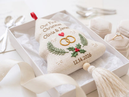 Personalized Christmas Tree Wedding Ornament, Hand Embroidered Linen Rings & Holly, Custom Couple Names Date, Newlywed Keepsake Xmas Gift
