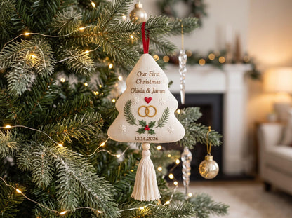 Personalized Christmas Tree Wedding Ornament, Hand Embroidered Linen Rings & Holly, Custom Couple Names Date, Newlywed Keepsake Xmas Gift